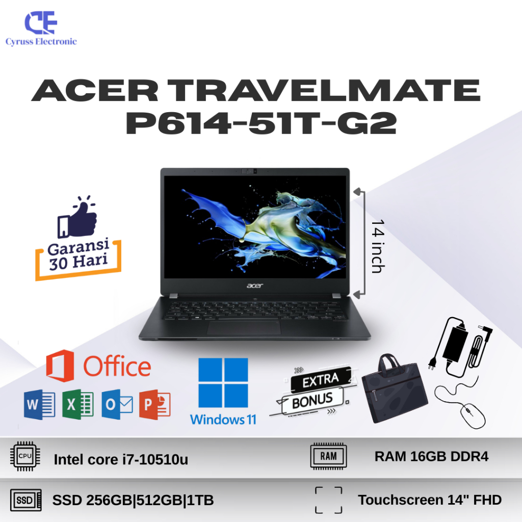 Laptop ACER Travelmate P614-51T-G2 Intel Core i7 GEN 10 RAM 16GB SSD 1TB 14" Touchscreen GRADE A