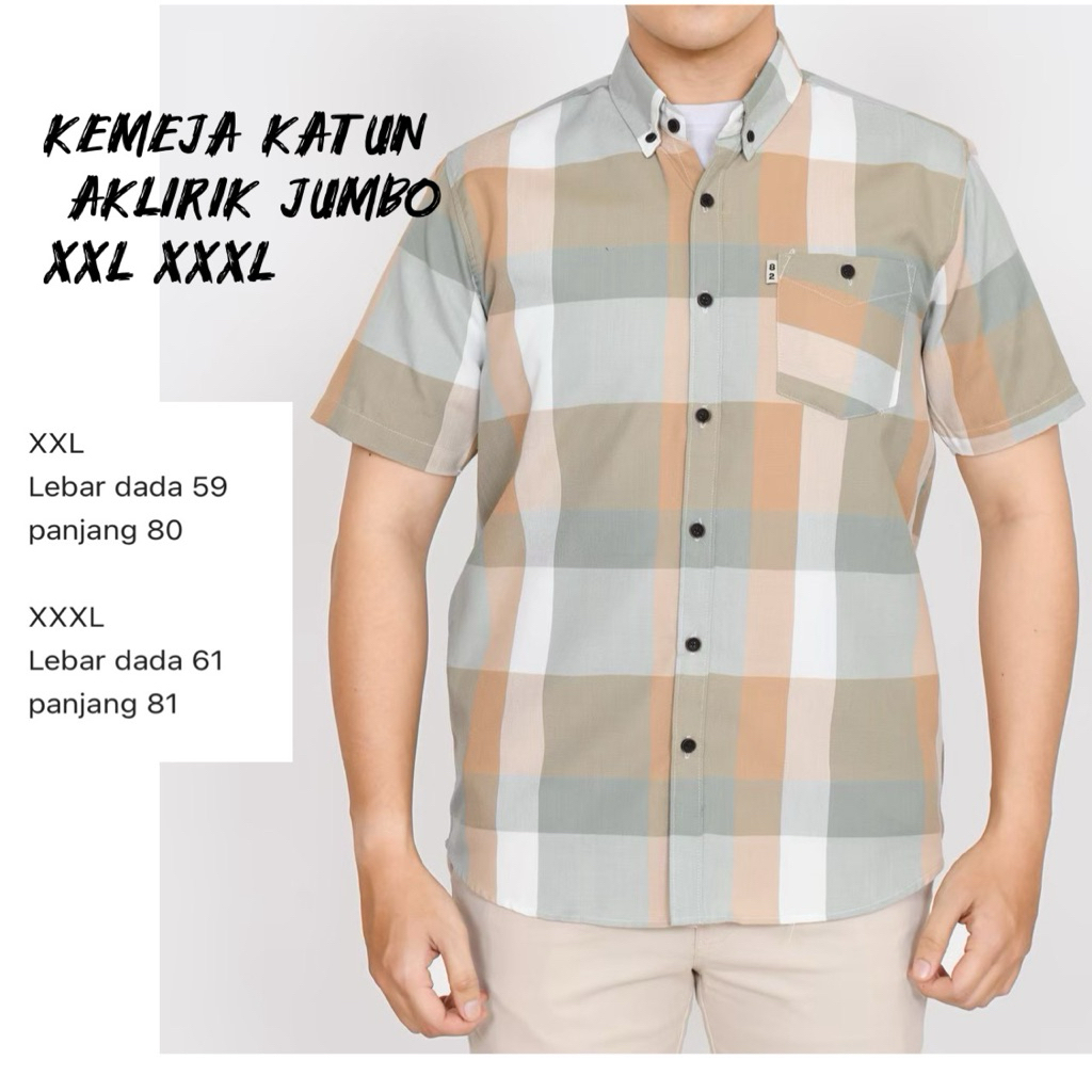 Kemeja Jumbo katun Lengan Pendek Motif  Kotak Kotak Atasan  Pria Dewasa XXL XXXL