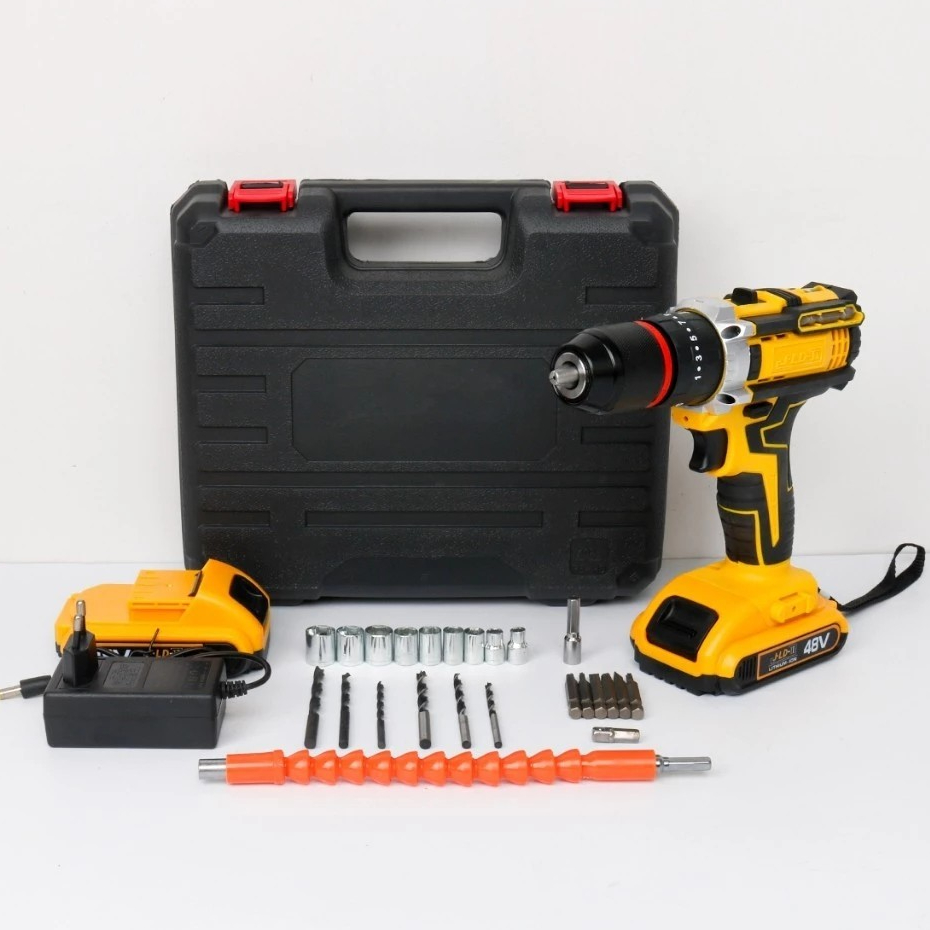 JLD 48Vf Mesin Bor Baterai 2-Speeds Built-in Level Bor Cas jld 2 Bater Case 25+3 Bor Cordless Impact