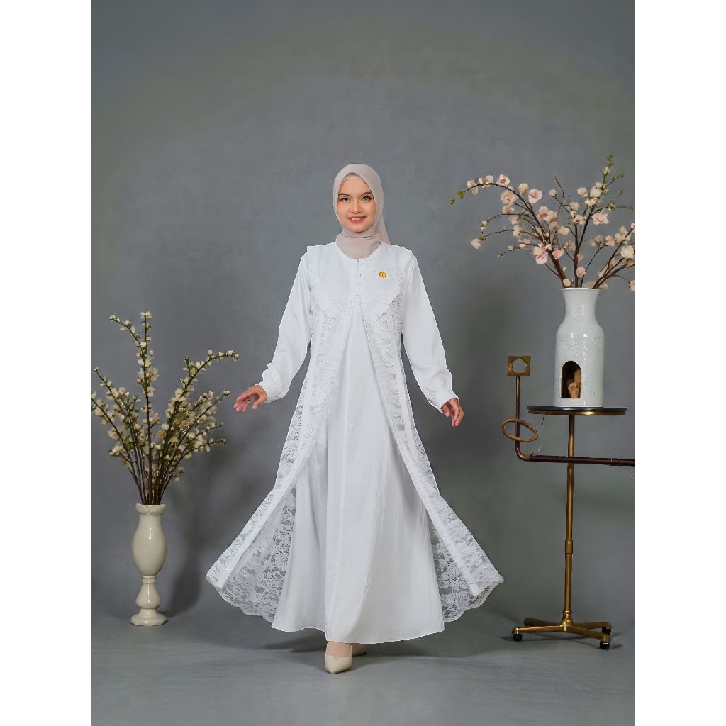 Naura Dress Gamis Polo Linen Premium Kombinasi Brokat Premium