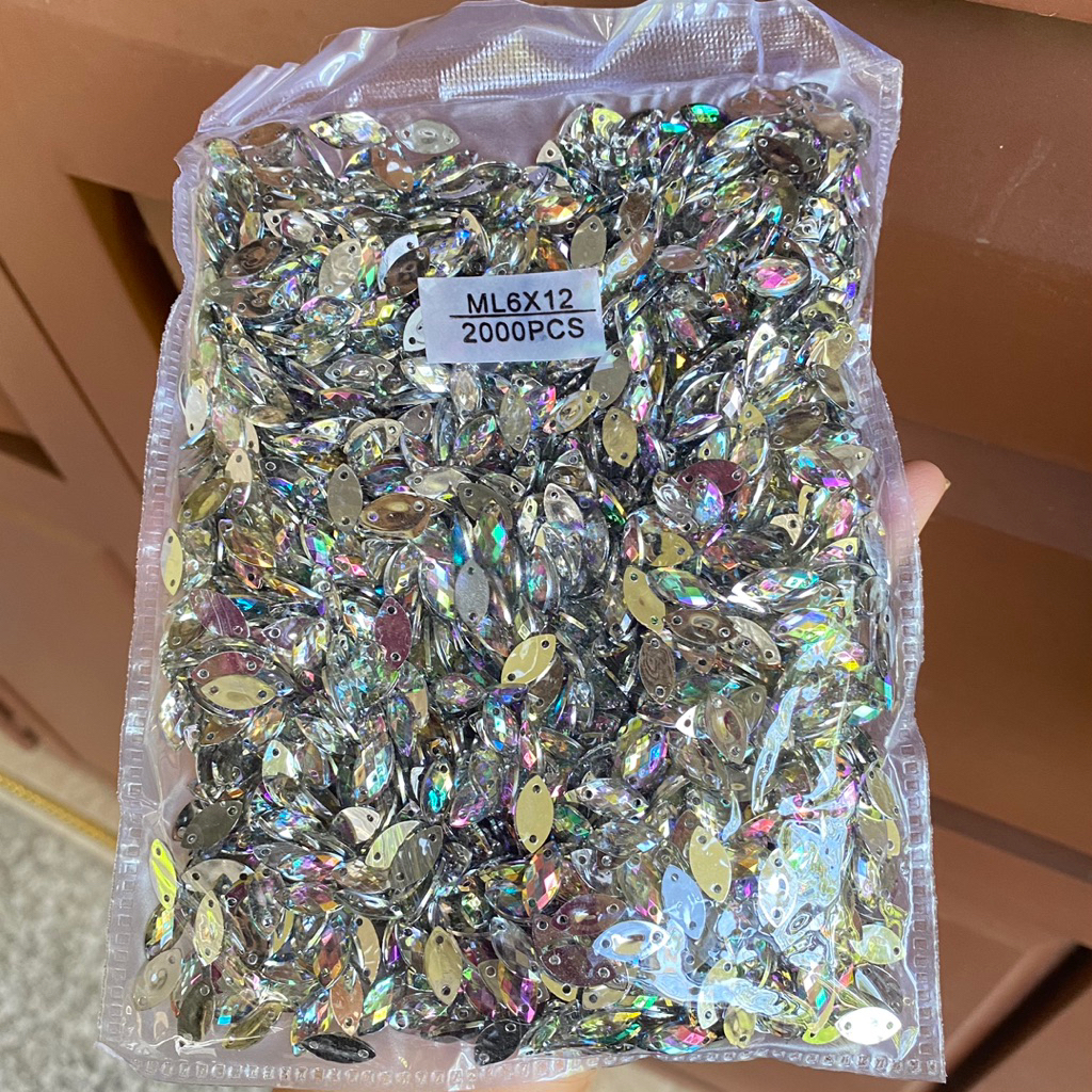 (2000) PELANGI AB 6x12 Payet Daun Diamond Mote sipit Tempel Permata Kilau Silver Mata Lancip Mata Pu