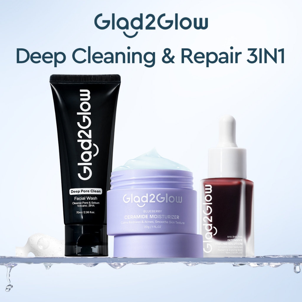 Glad2glow Set Deep Cleaning& Repair 3lN1,Deep Pore Clean Facial Wash+Peeling Solution Serum+Blueberr