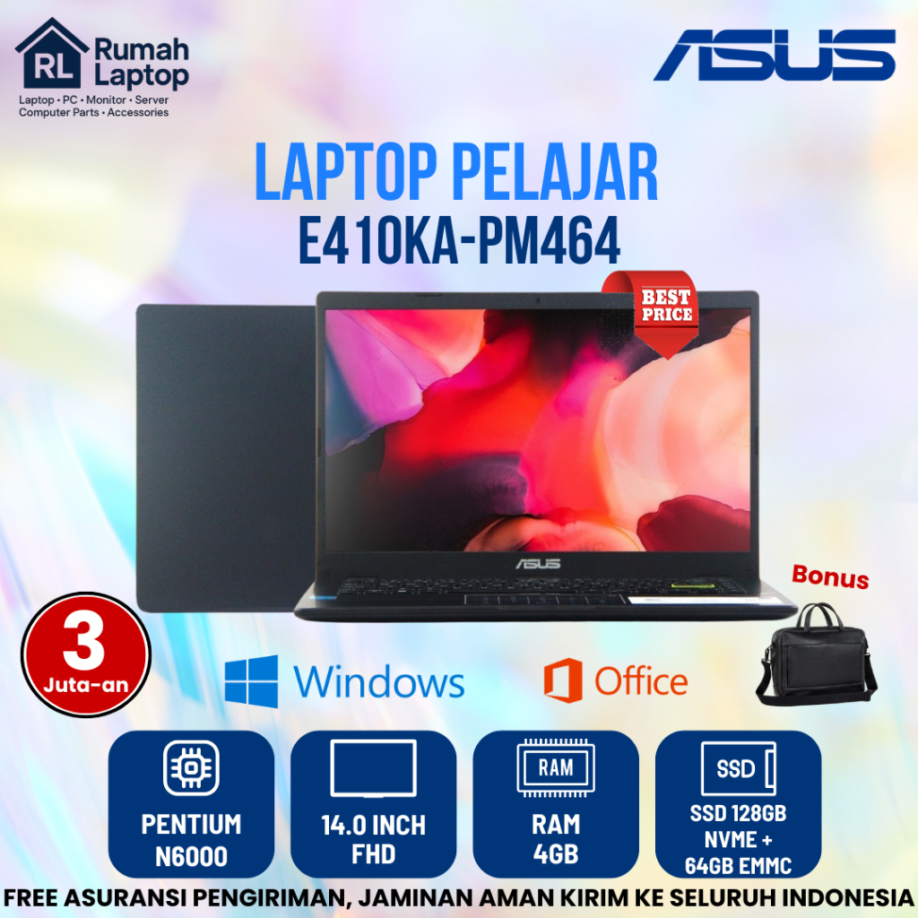 Promo Laptop Asus 3 Jutaan E410KA Pentium N6000 4Gb Ssd 128GB Nvme + 64Gb Emmc 14" FHD PM464