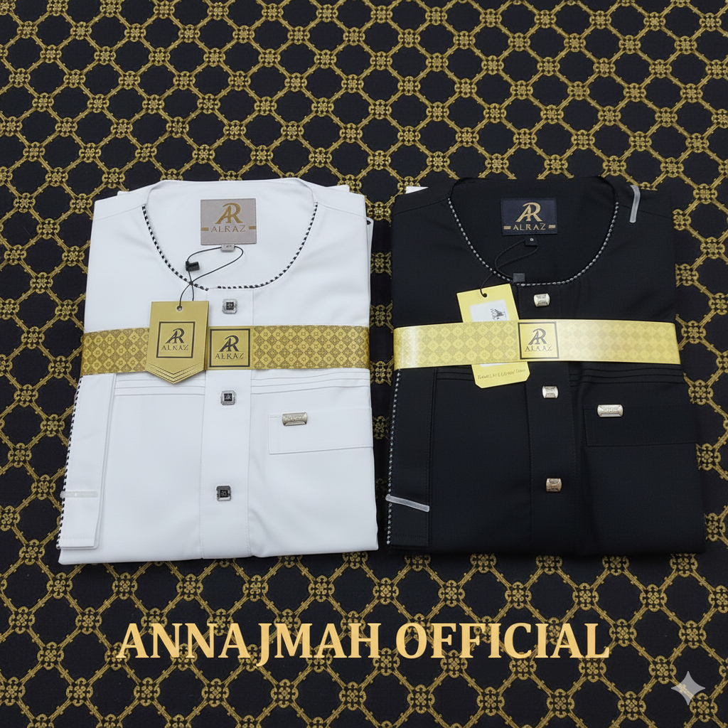 Jubah/Gamis Remaja AL Raz Lengan Pendek – Katun Premium Hitam/Putih Hanafi Kerah Oblong