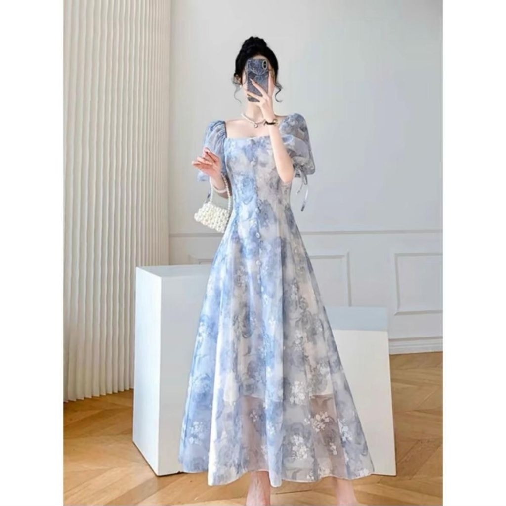 French Dress Floral Blue Flower Print Puff Sleeve - Dress Sifon Korea Lengan Balon Motif Bunga