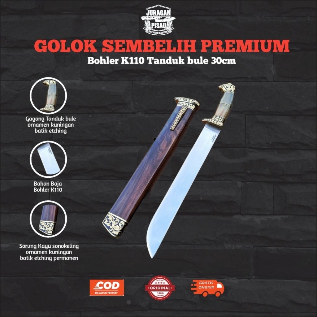 JURAGAN PISAU TJIBATOE | Golok bohler k110 sembelih 30cm tanduk bule kuningan batik etching