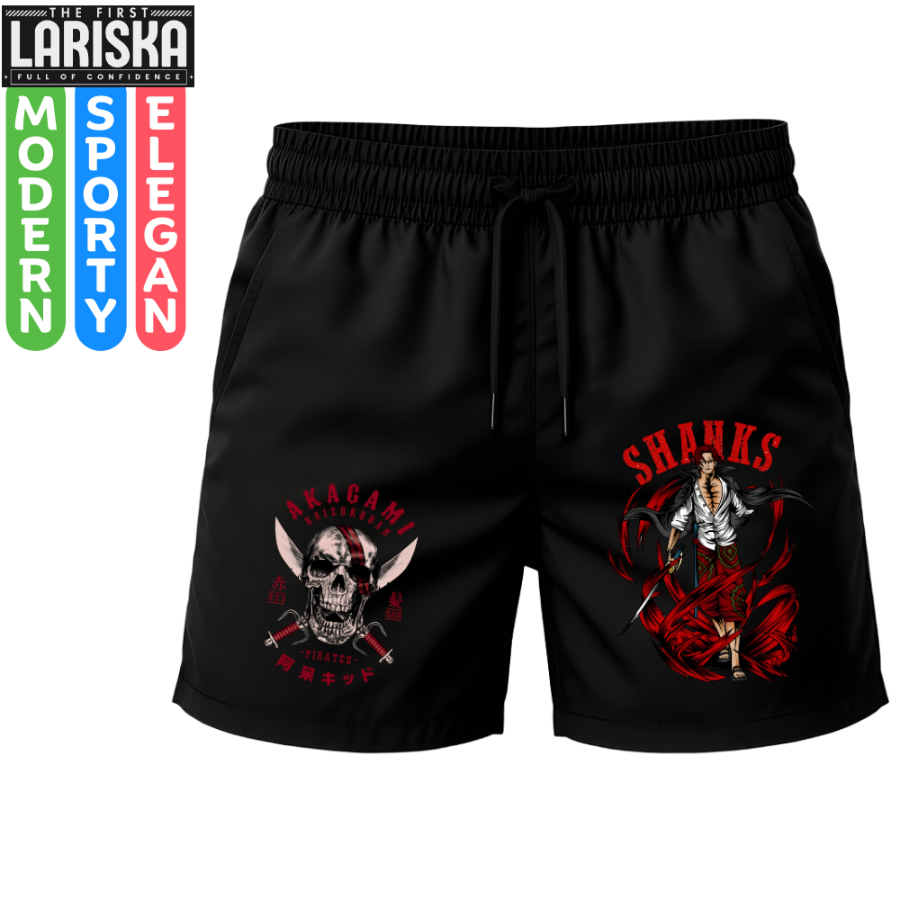 Celana Pendek Boxer Pria Dewasa Hitam bahan Fleece Premium Motif Anime One Piece Akagami No Shanks