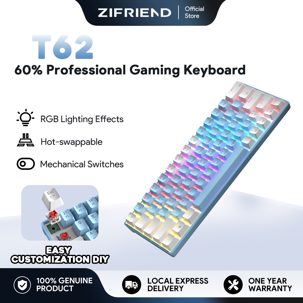 T62 Mechanical Keyboard 60% Wired Type-C Red Blue Switch Swappable Rainbow Gaming For PC 63 Key Lapt