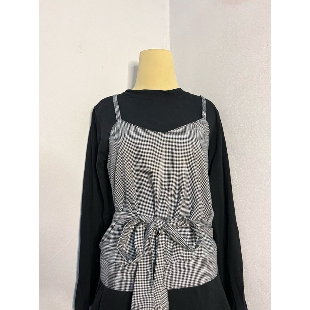 Tunik Layer Wanita Lengan Panjang – Motif Kotak Kecil dengan Tali Belakang