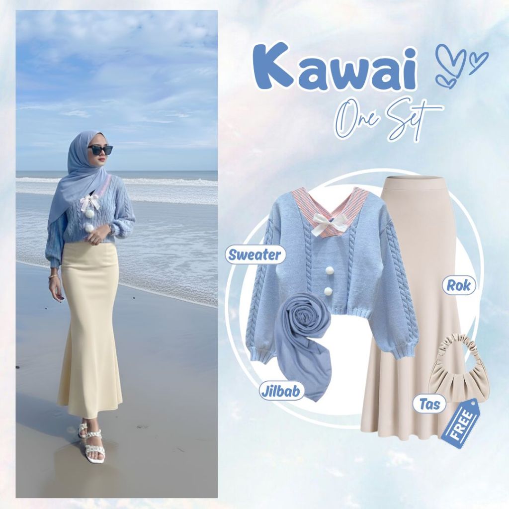 Outfit Pantai Hijab ( Sweater Cute + Rok Scuba Duyung Premium + Bela Square ) Style Wanita Korea