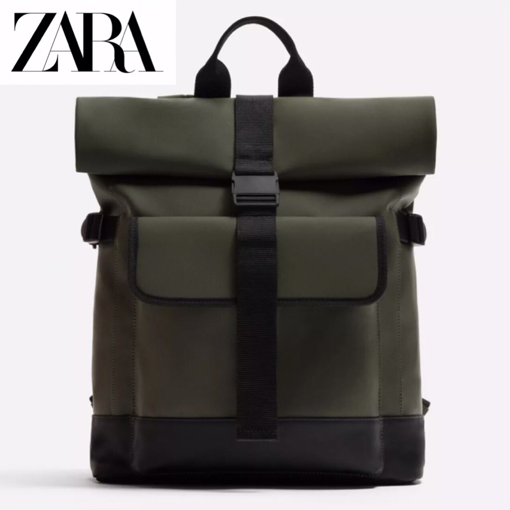ZARA Men Backpack Rubberised Flap Tas Ransel Pria Khaki Green
