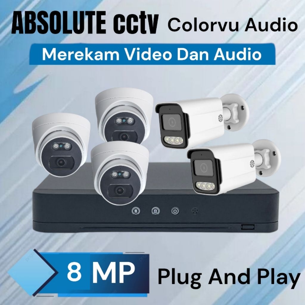 Paket Cctv 8ch 5 Camera 8mp 1080p Colorvu Audio Malam tetap Warna dan Rekam Suara