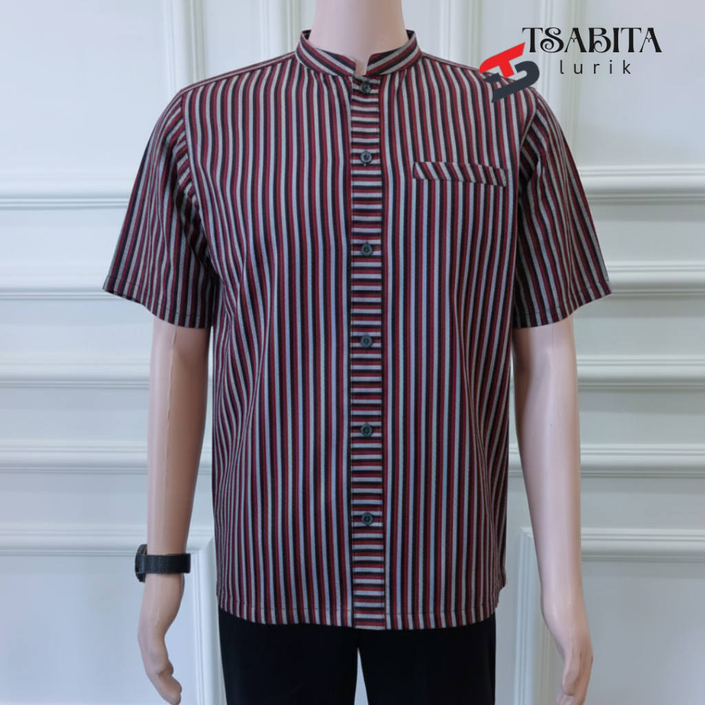 TSABITA - Kemeja Lurik Pria Lengan Panjang Baju Koko Pria Lengan Panjang Baju Lurik Jawa Pria Surjan