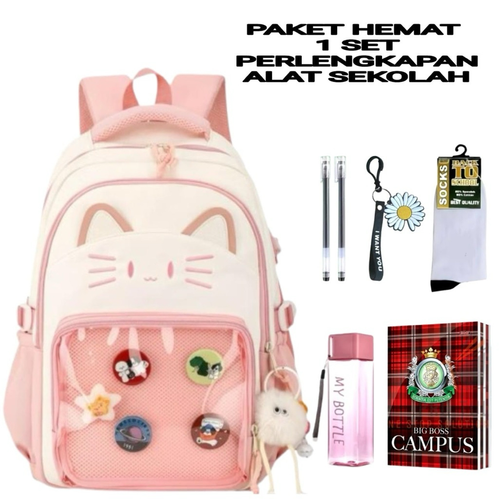 Tas Ransel Sekolah Wanita Lucu Kucing Pink Tas Ransel Kapasitas Besar Tas Sekolah Kartun Transparan