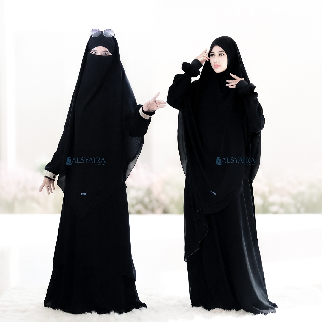 Alsyahra Exclusive - Khiban French Khimar Lancip V Ayumi 2 Layer Sifon Silk Jetblack Arab XL