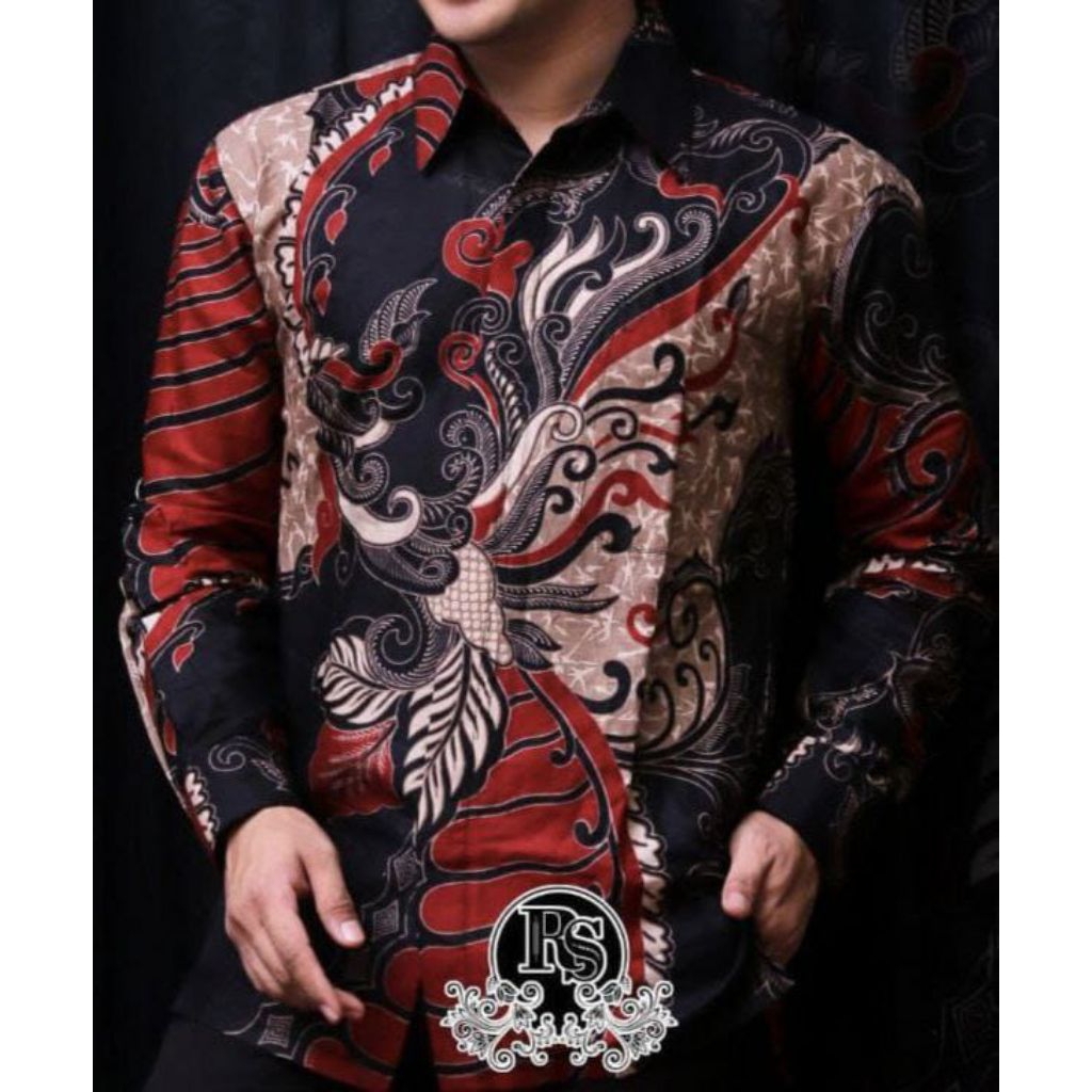 Batik Pria Lengan Panjang Kantong Semar Batik Motif Sangkuriang Merah Size M L XL XXL / Kemeja Batik