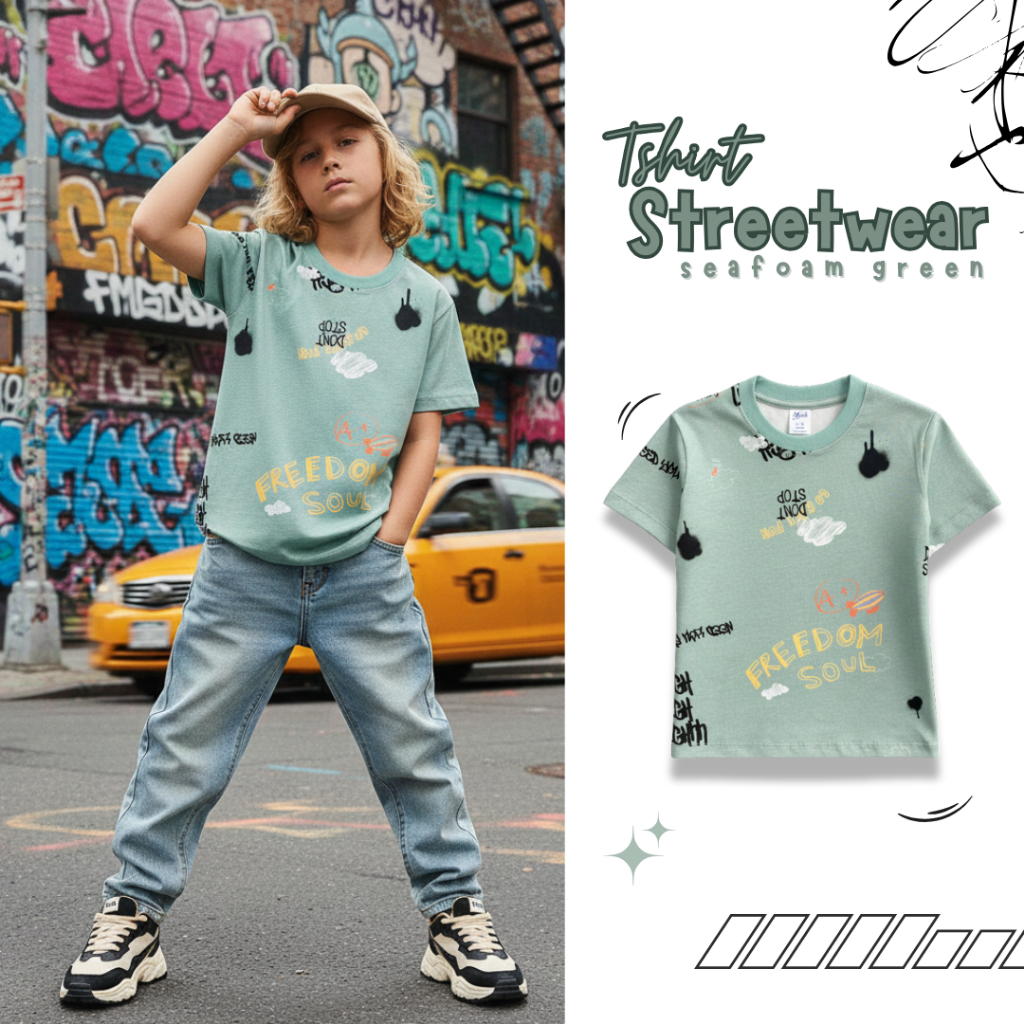 Kaos Anak Laki-Laki Streetwear Freedom Soul Baju Keren Grafiti Atasan Casual 6-14 Tahun