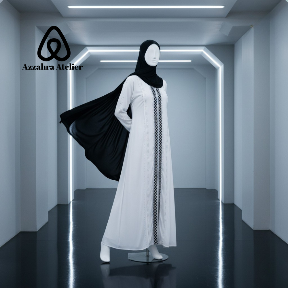 Abaya Syari Putih Turki Premium Jumbo Gamis Elegan Muslimah Busui Friendly Umroh Pengajian