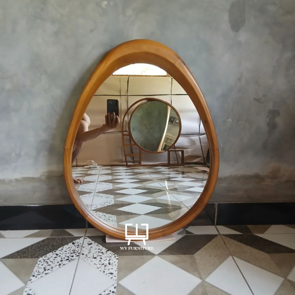 Cermin estetik, cermin wastafel abstrak estetik kayu jati, cermin murah estetik