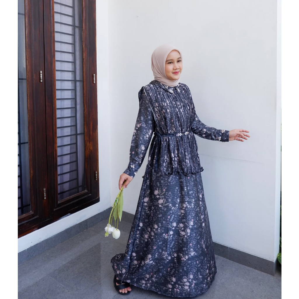 Lavanya Dress - Dress baju wanita lebaran printing armani silk  layer pliske