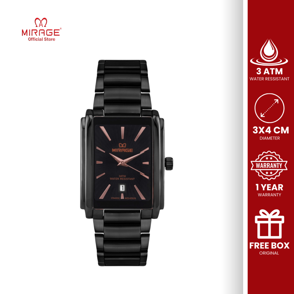 Mirage Jam Tangan Pria Kasual Formal Analog Steel Segi Hitam Klasik Tanggal Aktif Original 8848 M
