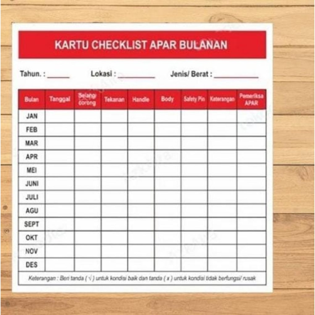 KARTU CHECKLIST APAR BULANAN UK.15X15CM.