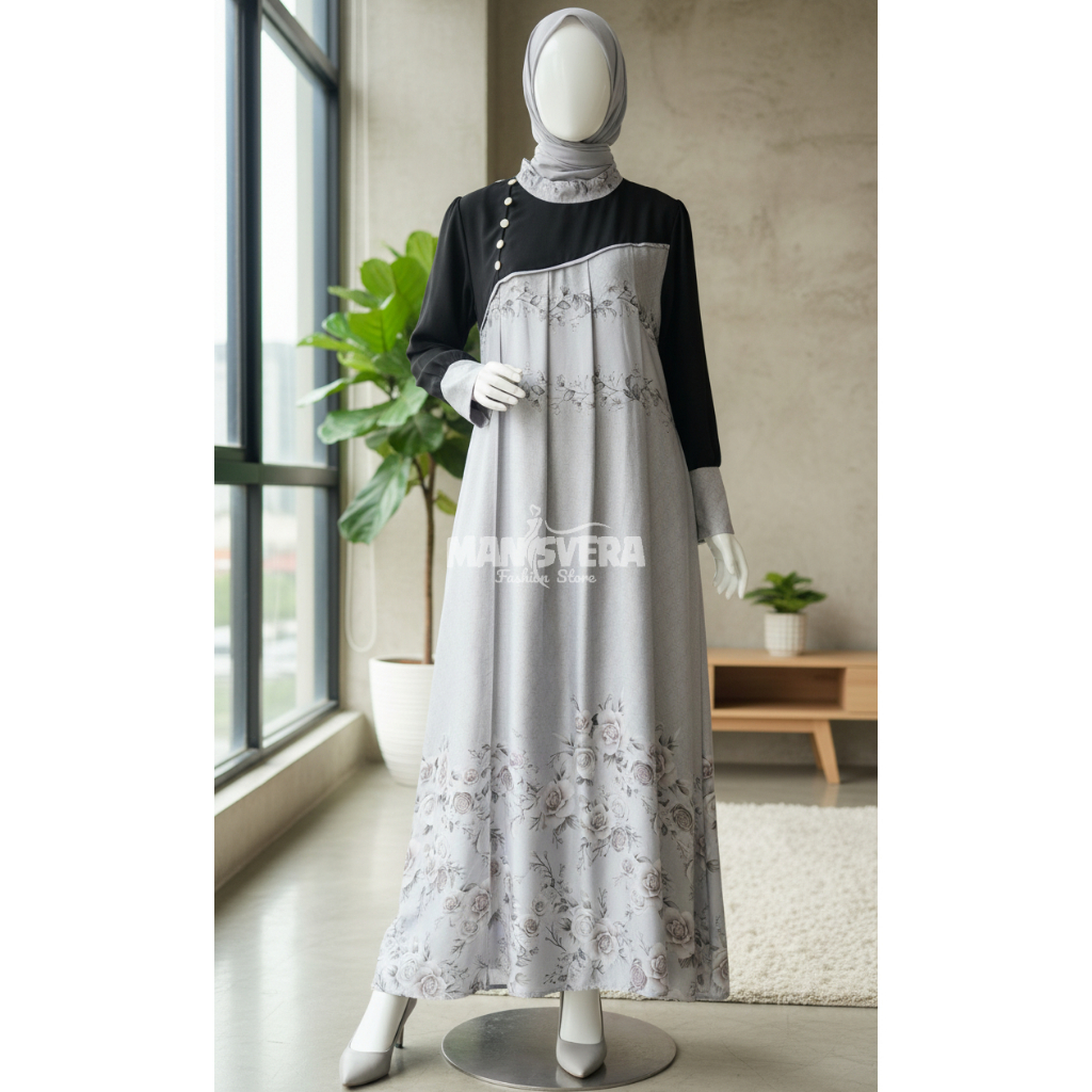 Gaun Gamis Jubang Long Dress Wanita Busana Muslim Hitam Abu