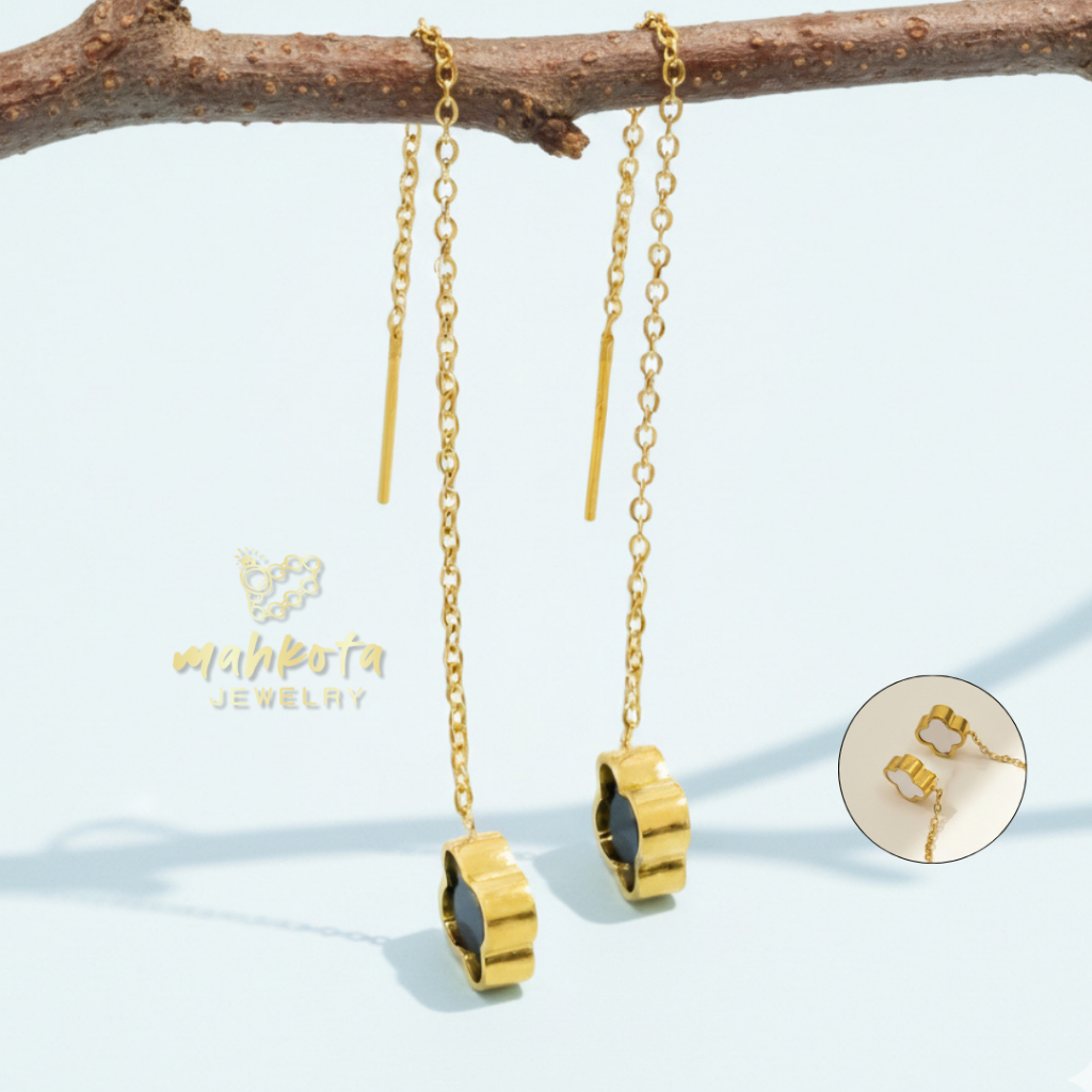 A48 Anting Titanium Premium Wanita Model Tusuk Juntai Panjang Bunga Hitam Putih Lapis Emas 18K