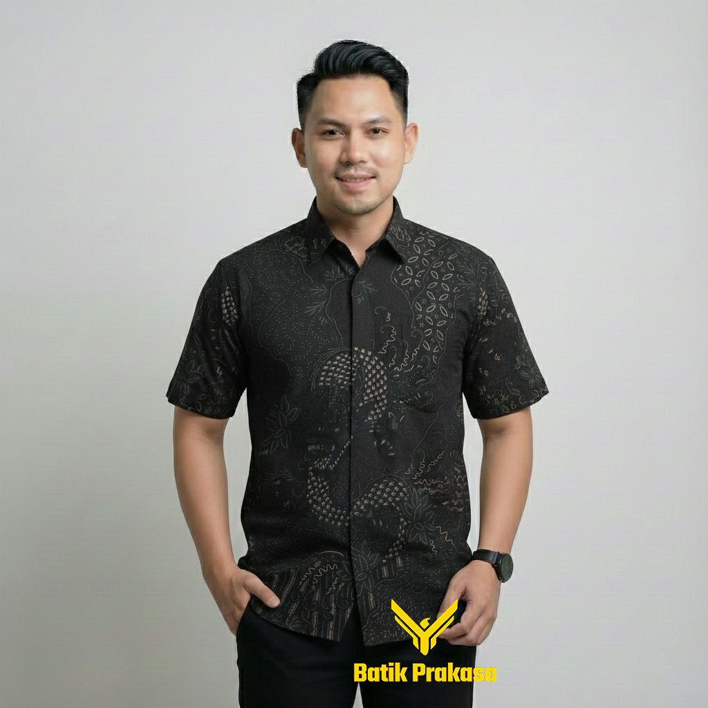 Kemeja Batik Pria 1074 Baju Lengan Pendek Slimfit Lapis Furing Batik Prakasa Motif Majapahit Jayeng 