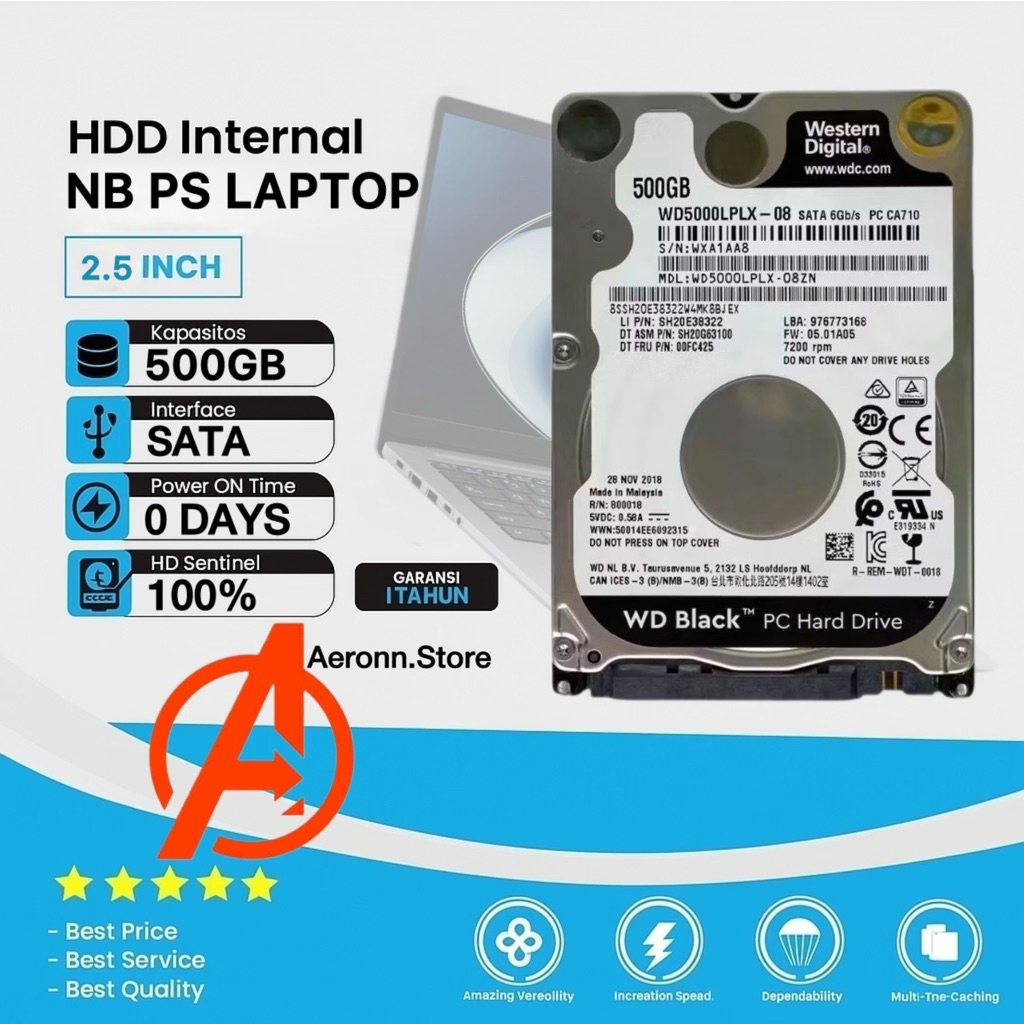Hardisk 500GB WD Black Slim Internal 2.5" 0 Days 7200 Rpm Promo Hdd 500GB For Laptop NB PS