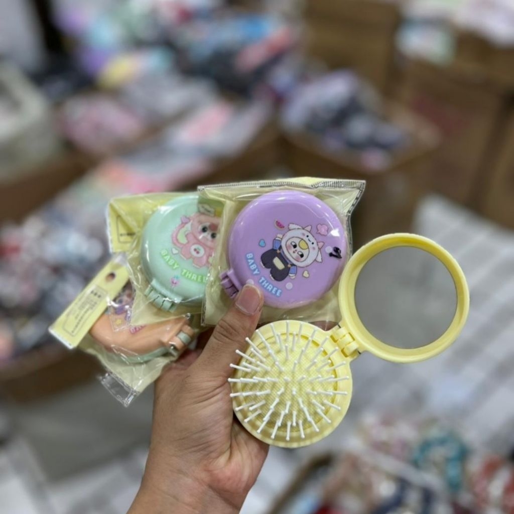 sisir rambut anak dewasa cermin kaca rias lipat bulat 2 in 1 aksesoris wanita