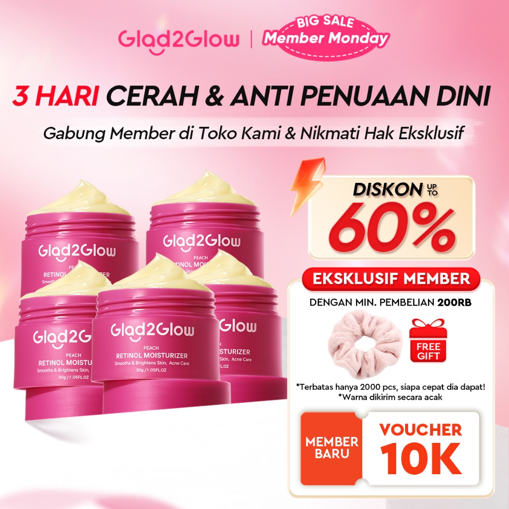 [12.12 Belanja 200rb, Disc. 20%]Glad2Glow Peach Retinol Moisturizer Pelembab Anti Penuaan Penghalang