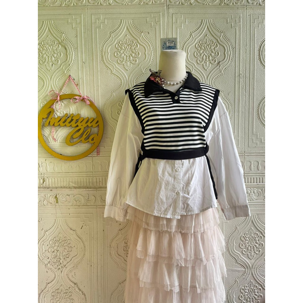 Korean blouse lengan balon salur rajut vest blouse