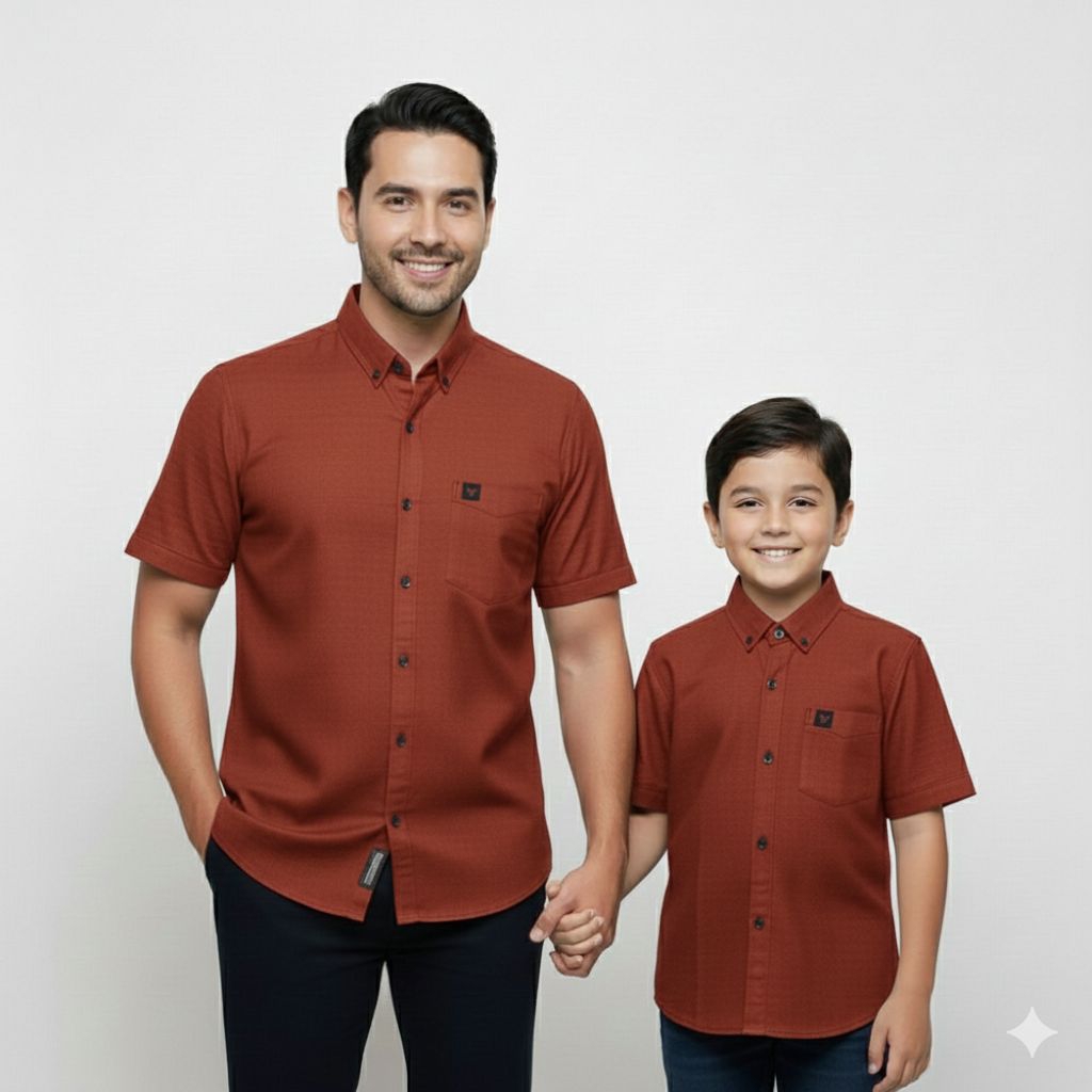 Kemeja Polos Couple Ayah dan Anak Lengan Pendek Warna TERACOTA / MERAH BATA Bahan Katun Cigaret ( HA