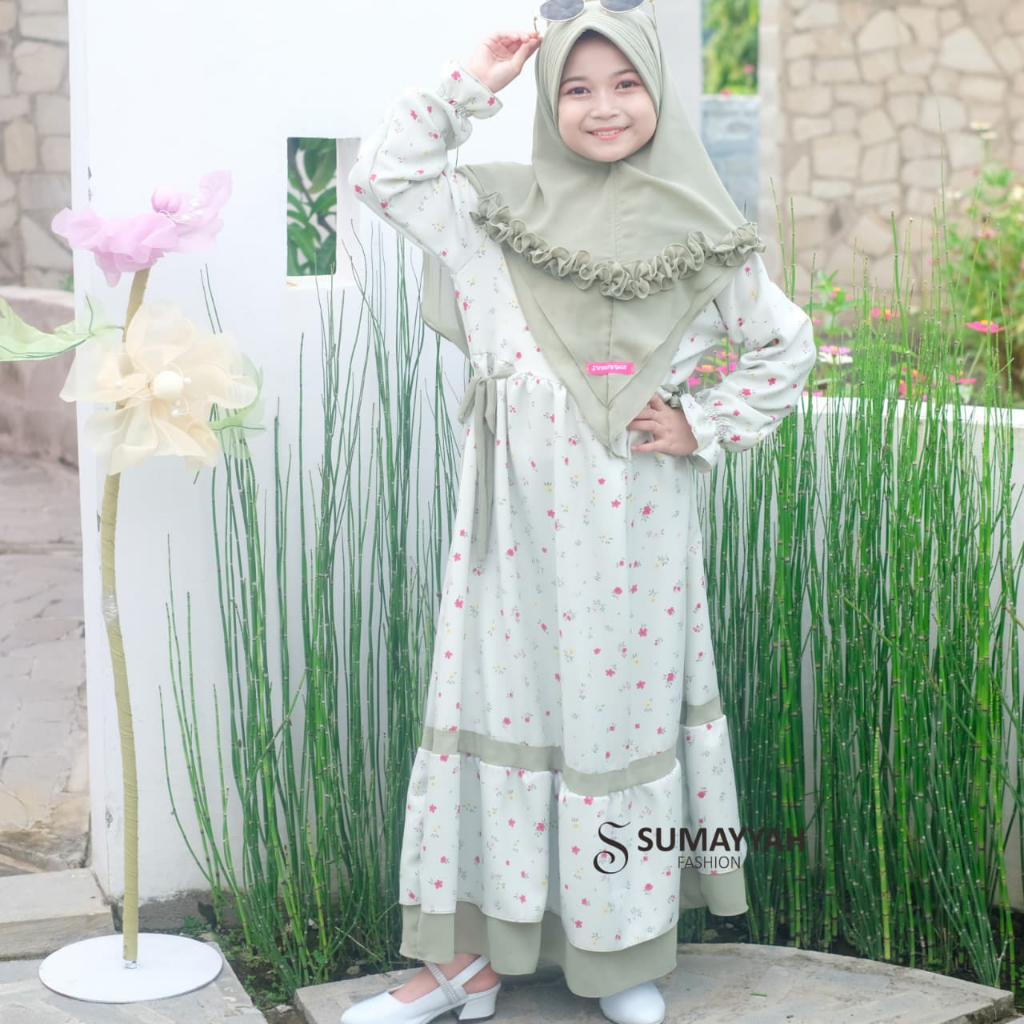 HOT SALE GAMIS DRESS MUSLIMAH ANAK KHUMAERO SYAR'I BAHAN SHAKILA MOTIF BUNGA SET PLUS JILBAB CERUTY