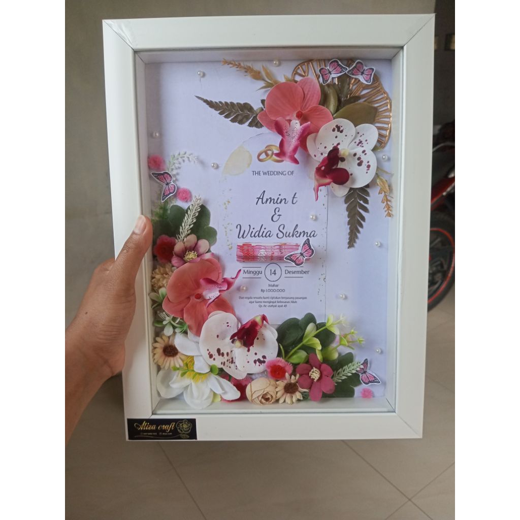 mahar pernikahan uang mainan 35×25cm , frame mahar pernikahan putih rustic bisa costom nama, free pe