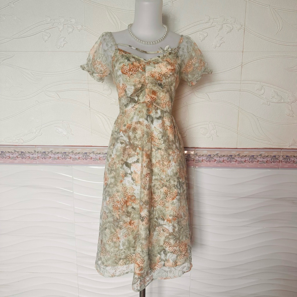 Sage hijau tile bordir bunga jingga vintage dress plove