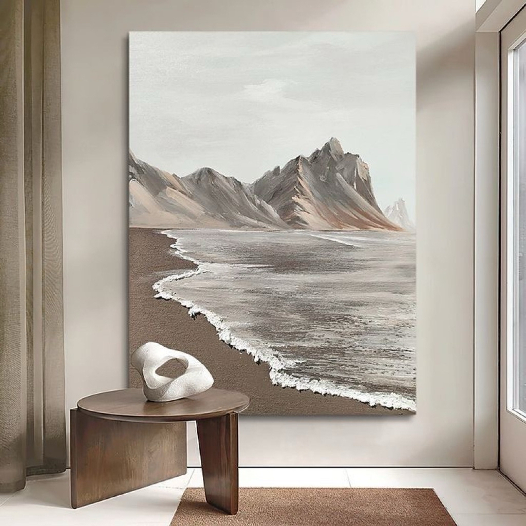 Lukisan Pantai Minimalis Estetik 3D Timbul | Hiasan Dinding Kanvas Earth Tone Modern | Lukisan Peman