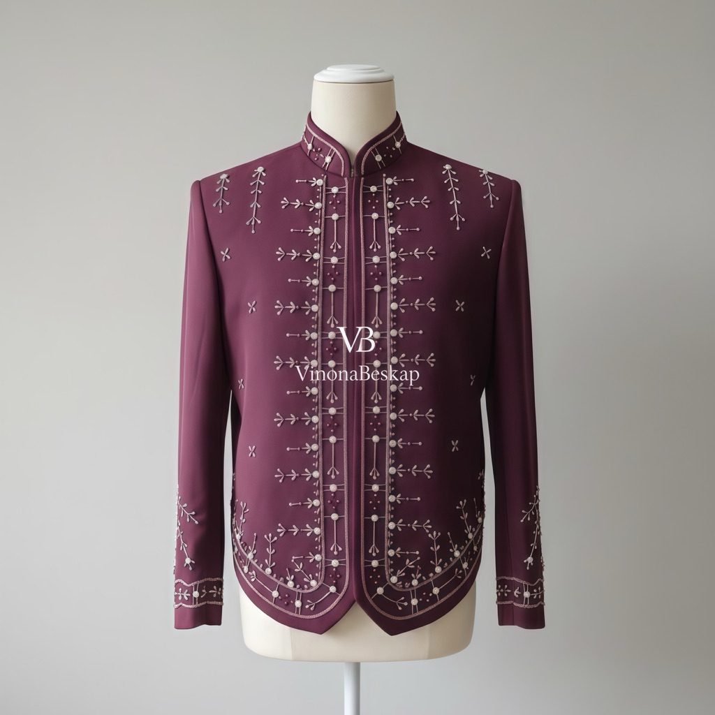 Beskap Pengantin Jawa Biru Nevy Maroon Bahan Semi Wool