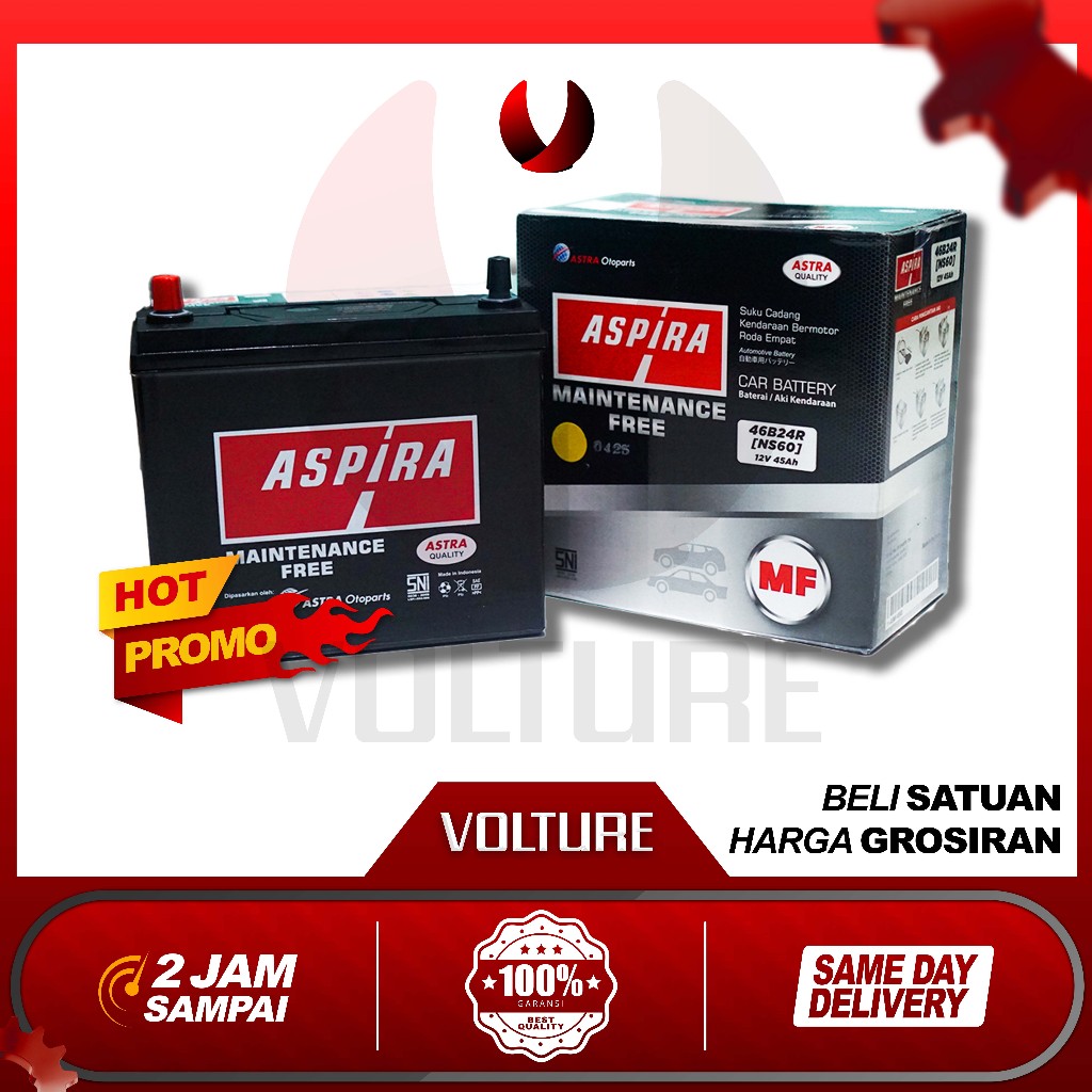 AKI mobil kering ASPIRA mf ORI Astra NS60 46b24R 12V 45ah  Avanza , Veloz , Hilux , Rush , Starlet ,