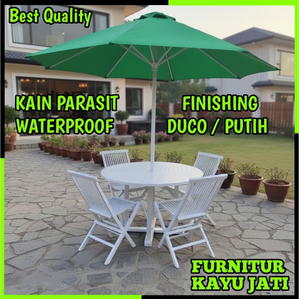 Meja payung taman cafe outdoor cat putih bahan kayu jati asli dari Jepara