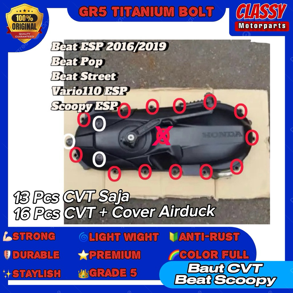 ( 16 Pcs ) Baut Titanium Baut CVT Beat Scoopy Esp Fi Honda Matic Baut Titanium Original Gr5