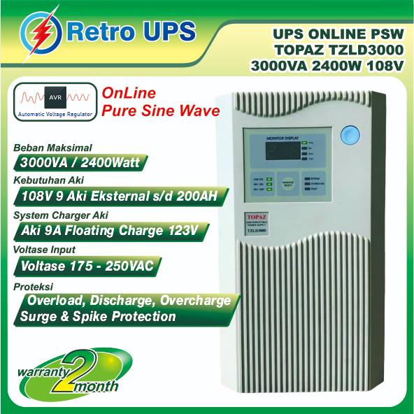 UPS ONLINE PSW TOPAZ TZLD3000 3000VA 2400W 108V Bergaransi