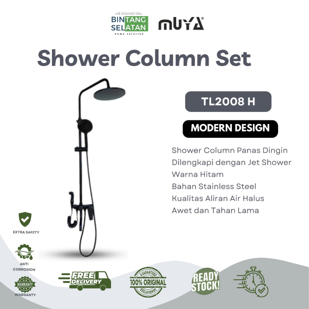 MUYA TL-2008 H / SHOWER SET KRAN PANAS DINGIN  SHOWER COLUMN HITAM + JET SHOWER