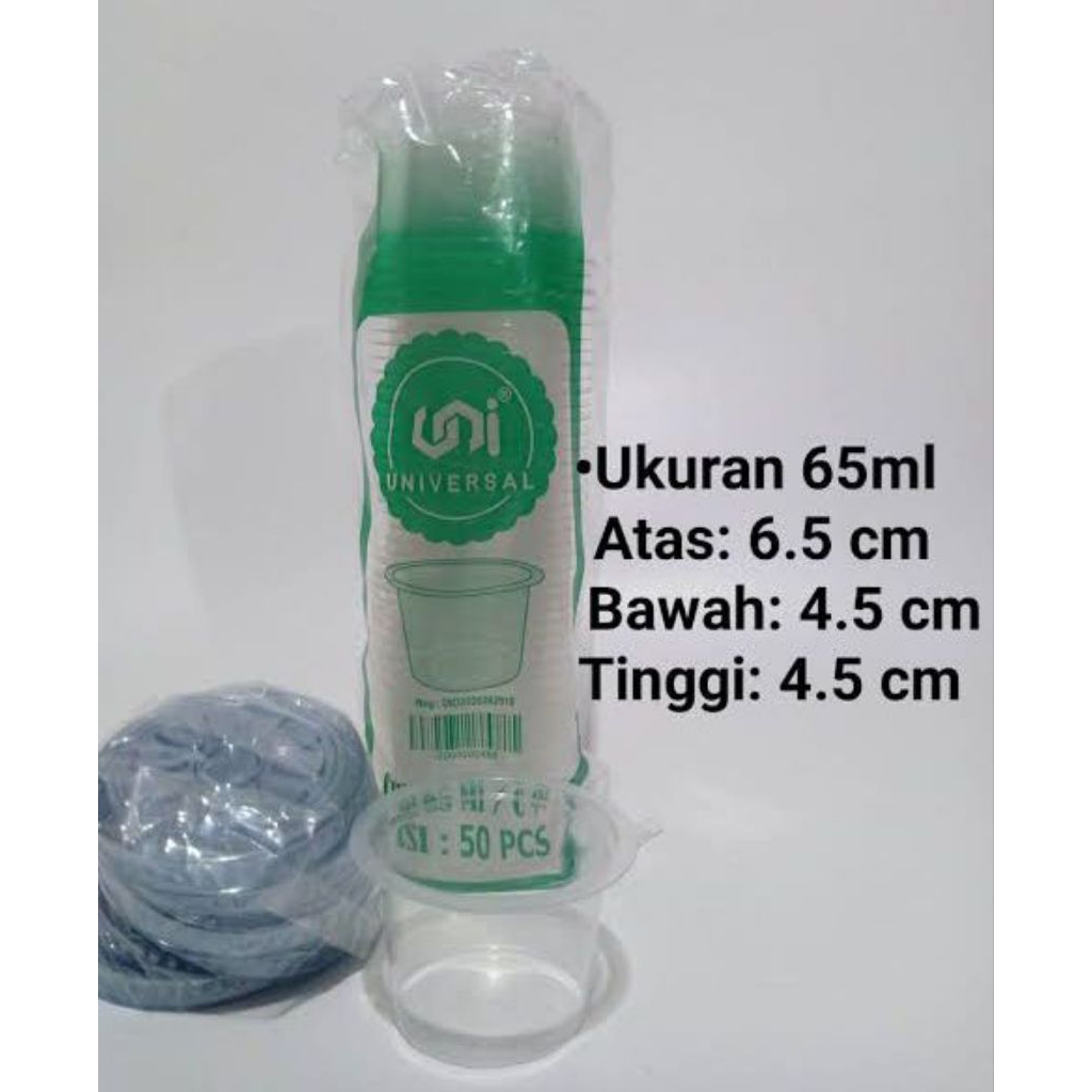 CUP PLASTIK MEREK UNIVERSAL 65 ML/C 90 ISI 50 pcs+ TUTUP CUP