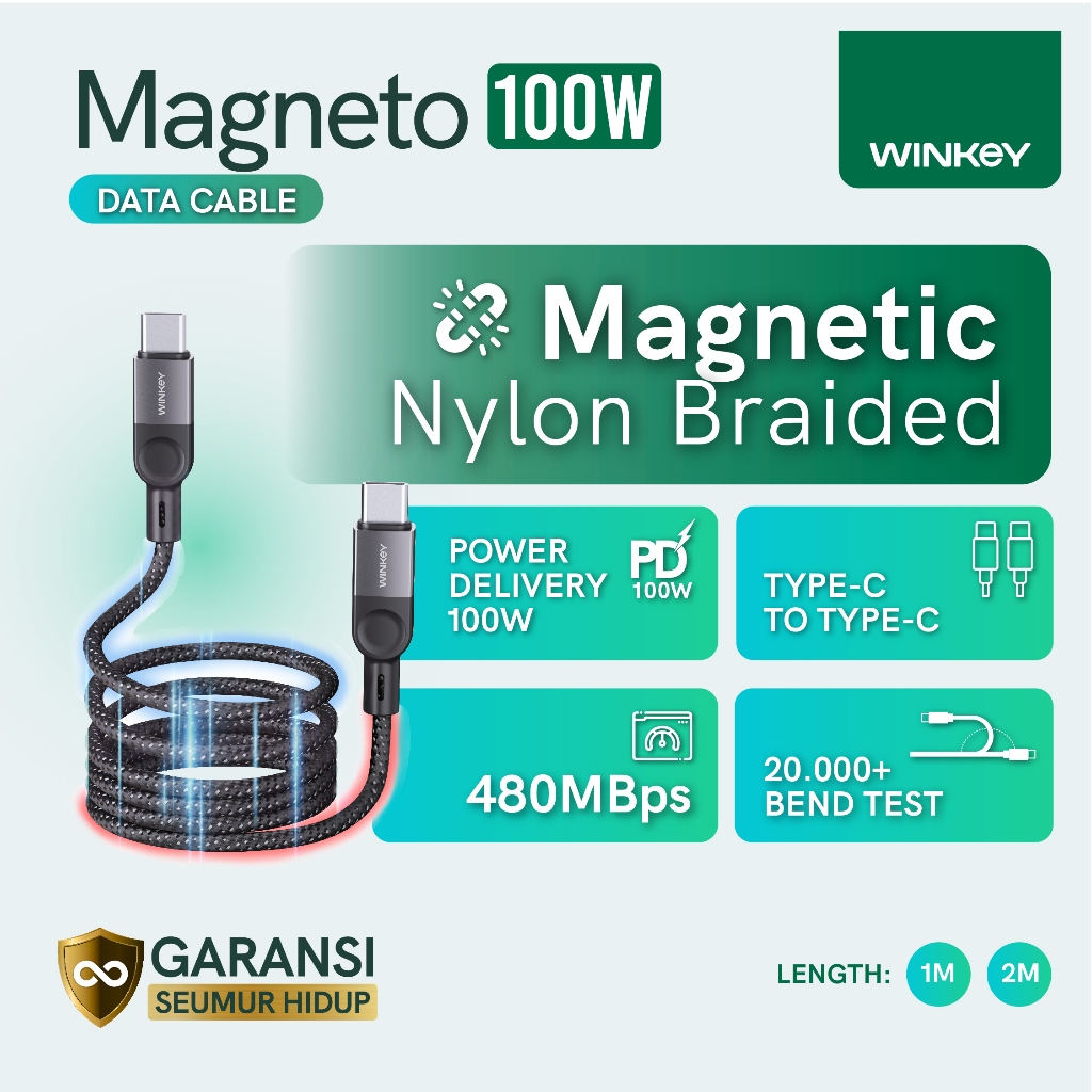 WINKEY Kabel Data Magneto Fast Charge Magnetic 100W Type-C to Type-C