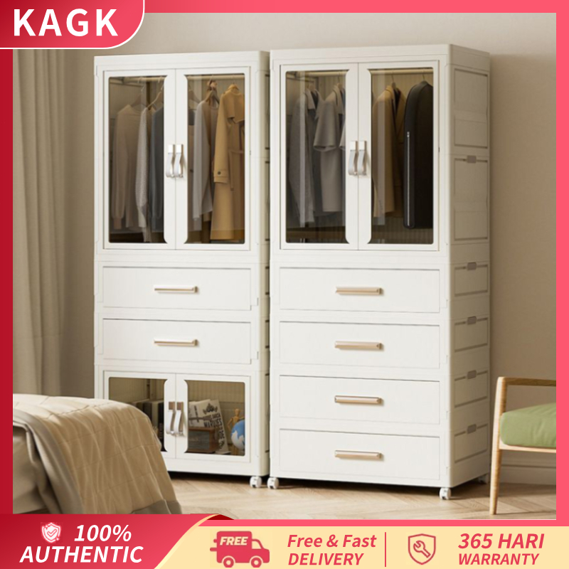 KAGK Lemari Pakaian Plastik Lipat Besar Kapasitas | Lemari Baju dengan Pintu Kaca + Laci + Roda Port
