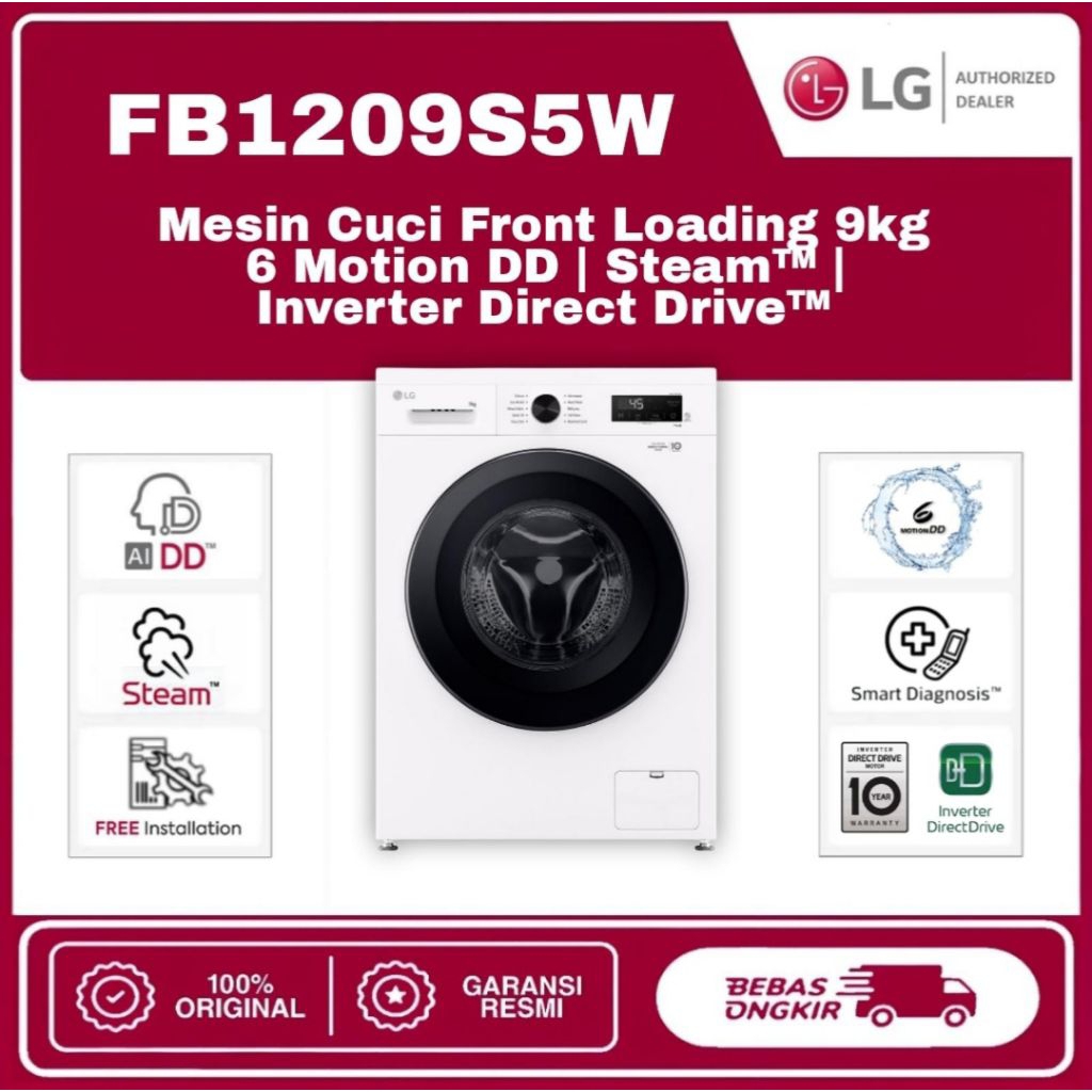 MESIN CUCI LG 1 TABUNG FRONT LOADING FB1209S5W 9KG INVERTER FRONT LOADING 9KG MESINCUCI LG 1TABUNG F