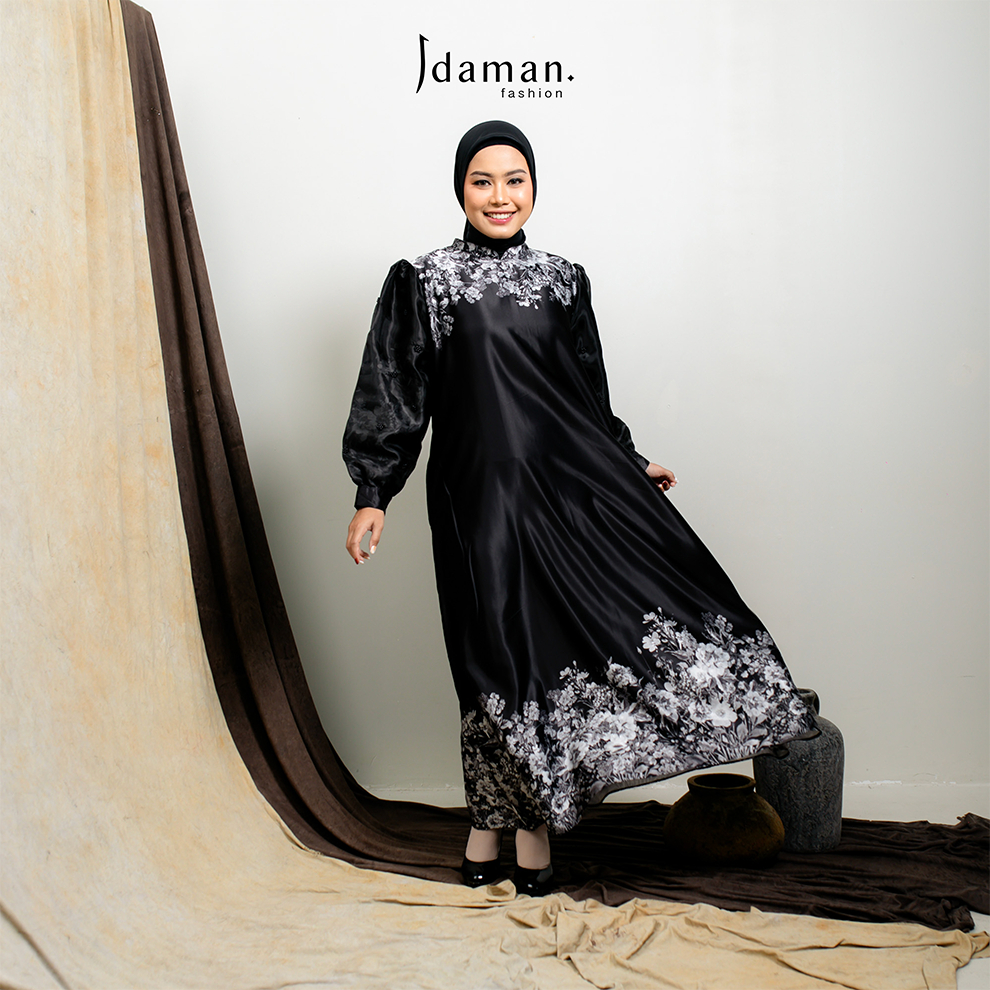 Idaman Fashion - Gamis Ovana - Gamis Dress Wanita Lebaran - Gamis Hitam/Putih - idamanfashion