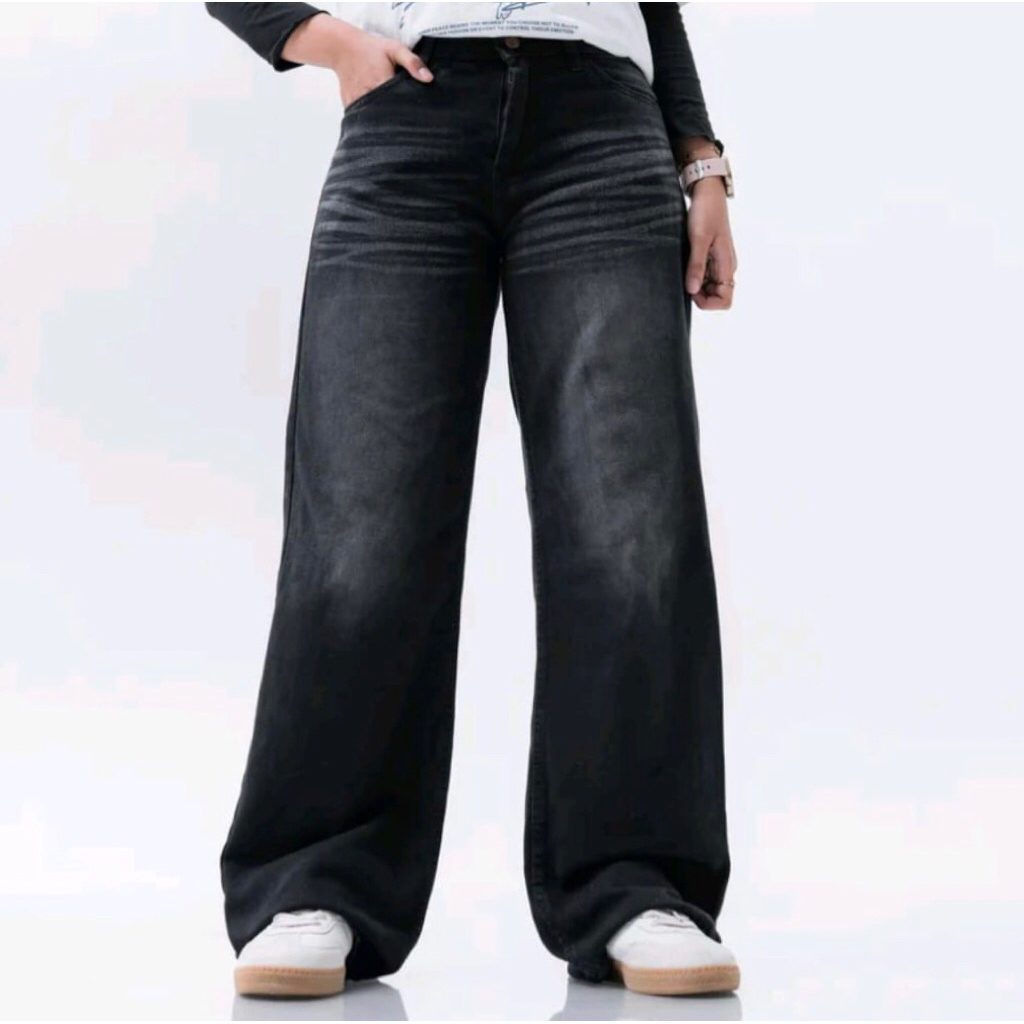 Evelyn - Celana Jeans Pria Wanita Unisex Washed Losse Straight Gombrong Komprang Skena Korean Style 